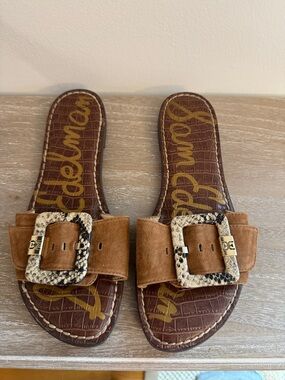 Sam Edelman Tan Suede Slide Sandals with Snake-Print Buckles